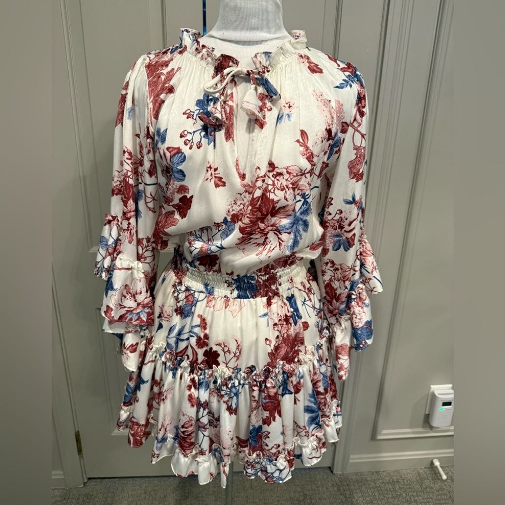 Misa Los Angeles White Floral Ruffle Mini Dress with Pink & Blue - Picture 3 of 5